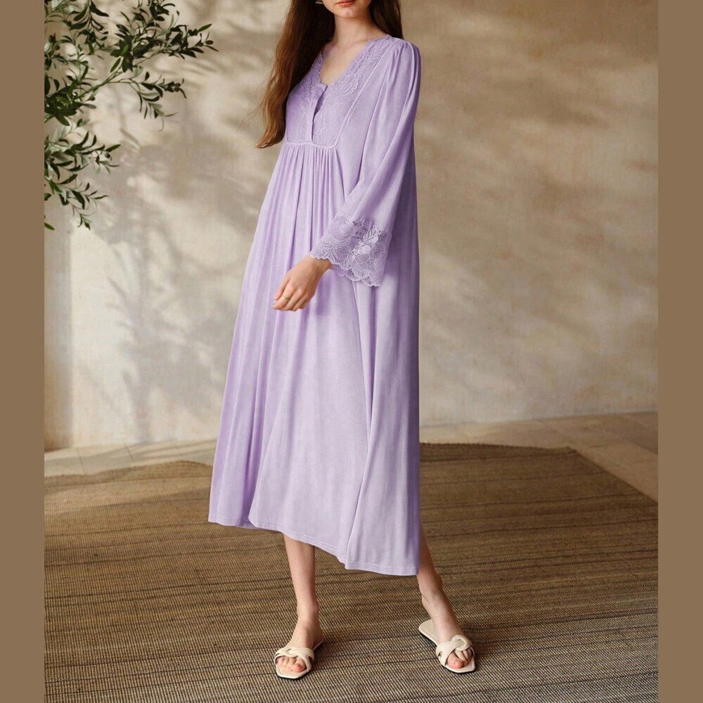 Lavender Lace Trim V Neck Bell Sleeve Midi Lounge Dress